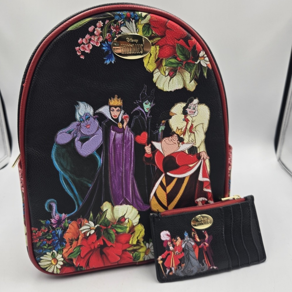 Disney Villains Group Portrait Mini Backpack  & Coin CC Wallet Floral Black Red